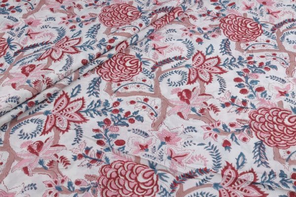 Pre-Cut 2.30m White Floral Handblock Printed 100% Pure Soft Cotton Fabric