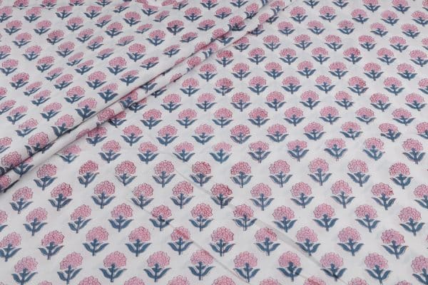 Pre-Cut 1.10m White Floral Handblock Printed 100% Pure Soft Cotton Fabric