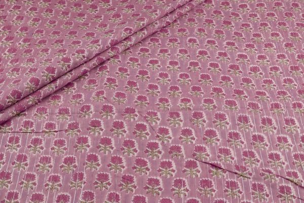 Purple Self-Zari Stripes Floral Handblock Printed 100% Pure Soft Cotton Fabric