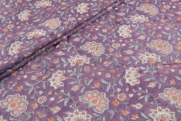 Pre-Cut 1.40m Purple Floral Handblock Printed 100% Pure Soft Cotton Fabric