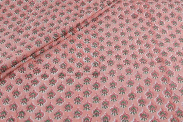Salmon Pink Floral Handblock Printed 100% Pure Soft Cotton Fabric
