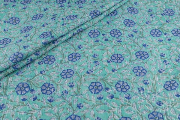 Turquoise Self-Zari Stripes Floral Handblock Printed 100% Pure Soft Cotton Fabric
