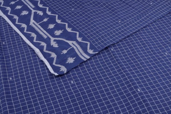 Blue Handloom Intricate Border Flowy HandLoom Pure Soft Cotton Fabric