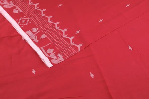 Red Handloom Intricate Border Flowy HandLoom Pure Soft Cotton Fabric
