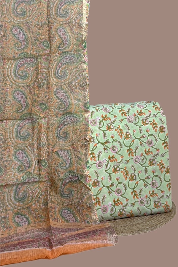 2pc Kota Doria Dupatta and Pure Soft Cotton Blockprint Top Fabric Set