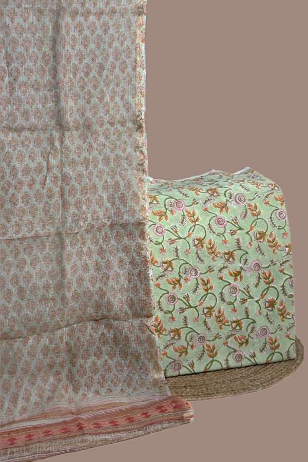 2pc Kota Doria Dupatta and Pure Soft Cotton Blockprint Top Fabric Set