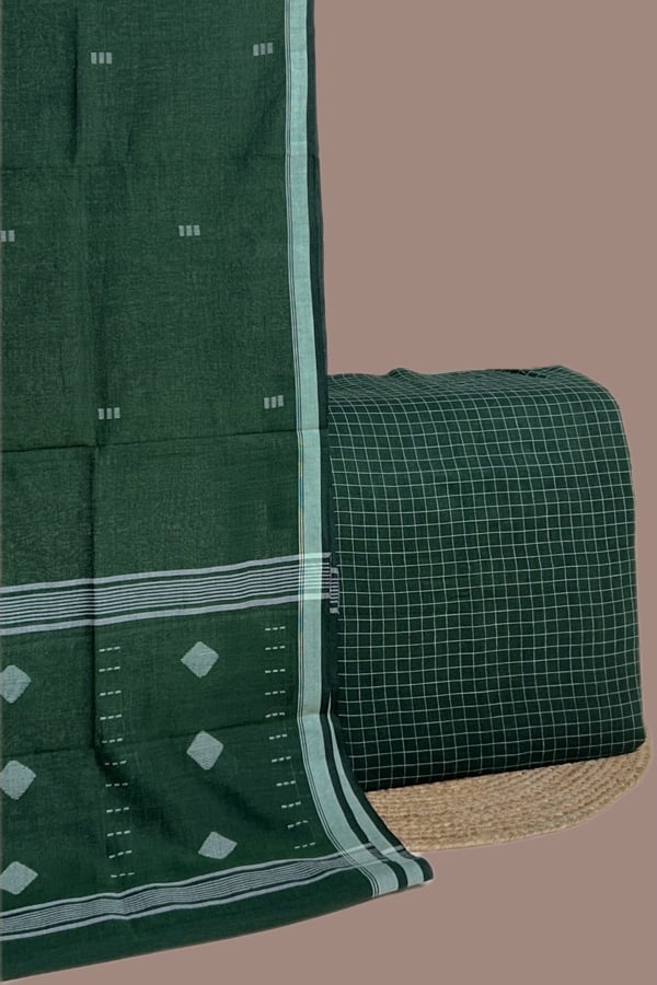 2pc Handloom Cotton Dupatta and Handloom Woven Checks Cotton Top Fabric Set