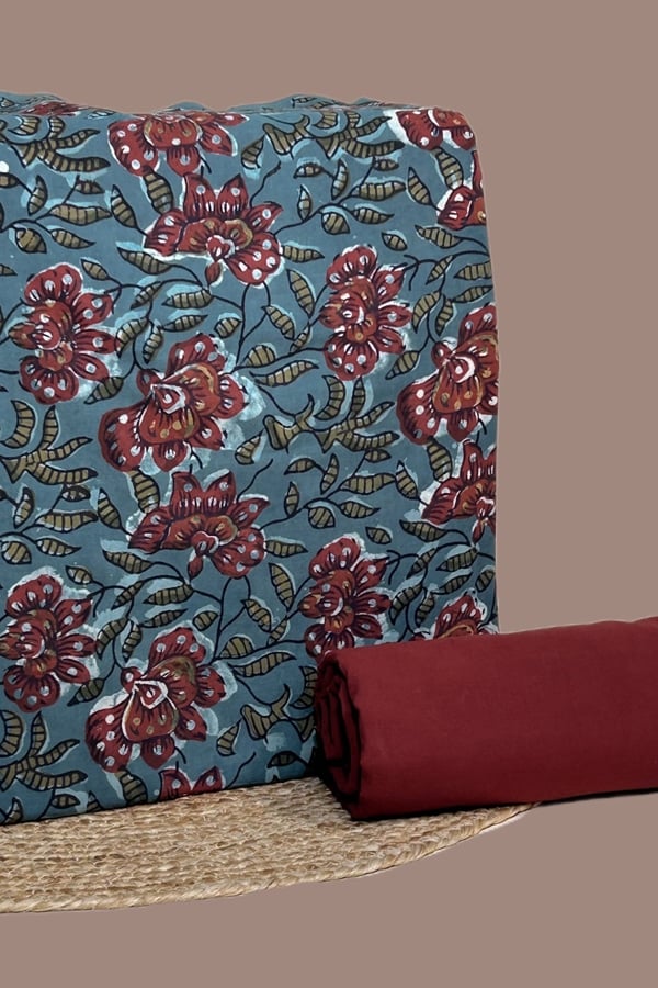 2pc Bagru HandCrafted Top and Plain Dyed Cotton Bottom Fabric Set