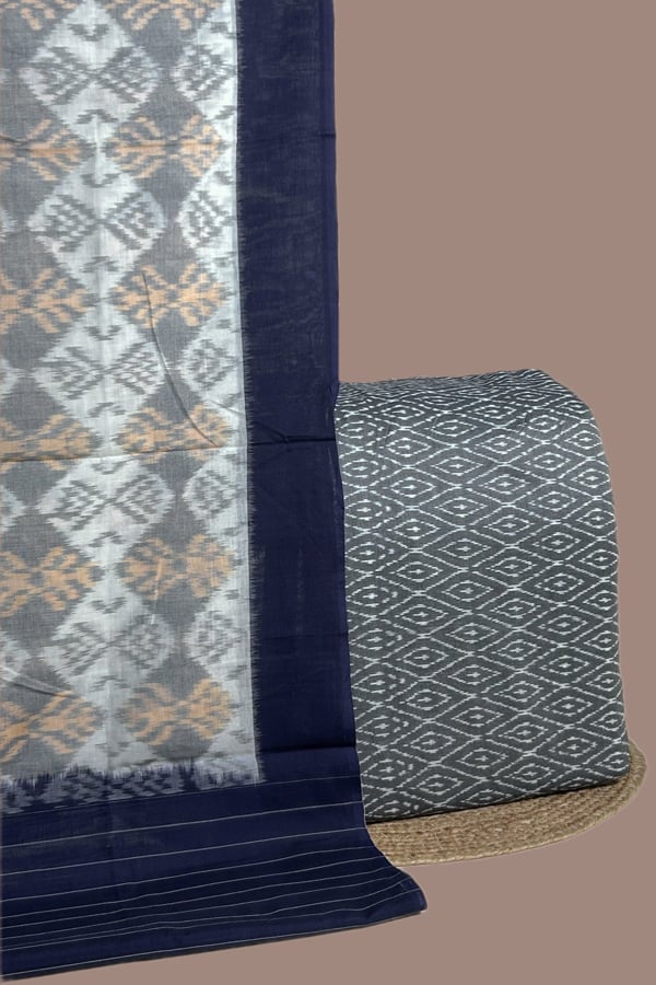 Gray - 2pc Ikkat Cotton Dupatta and Handloom Soft Ikkat Cotton Top Fabric Set