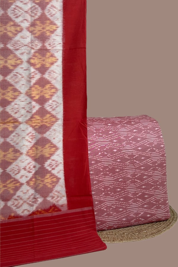 Pink - 2pc Ikkat Cotton Dupatta and Handloom Soft Ikkat Cotton Top Fabric Set