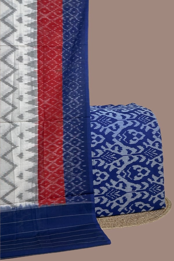 Blue - 2pc Ikkat Cotton Dupatta and Handloom Soft Ikkat Cotton Top Fabric Set