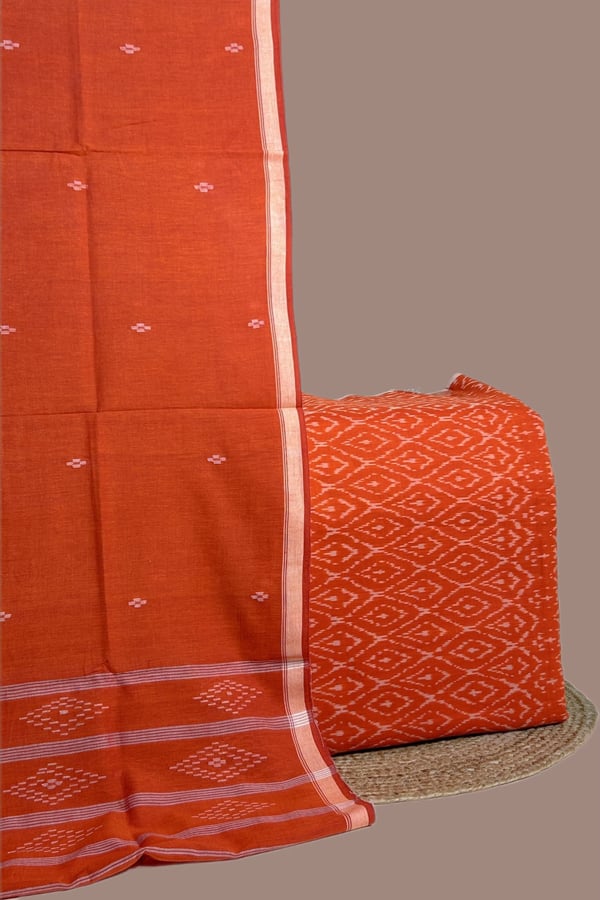 Orange - 2pc Handloom Cotton Dupatta and Handloom Ikkat Top Fabric Set
