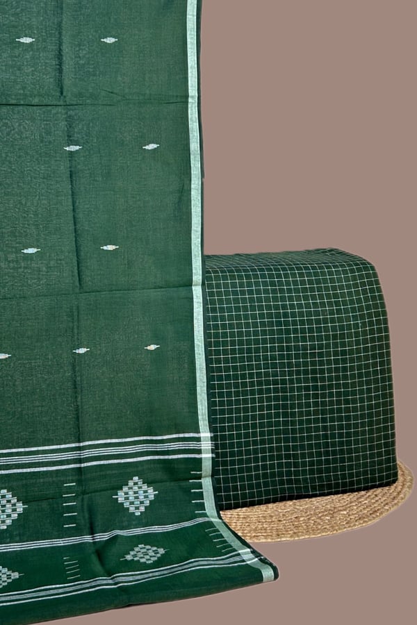 Green - 2pc Handloom Cotton Dupatta and Handloom Woven Checks Cotton Top Fabric Set