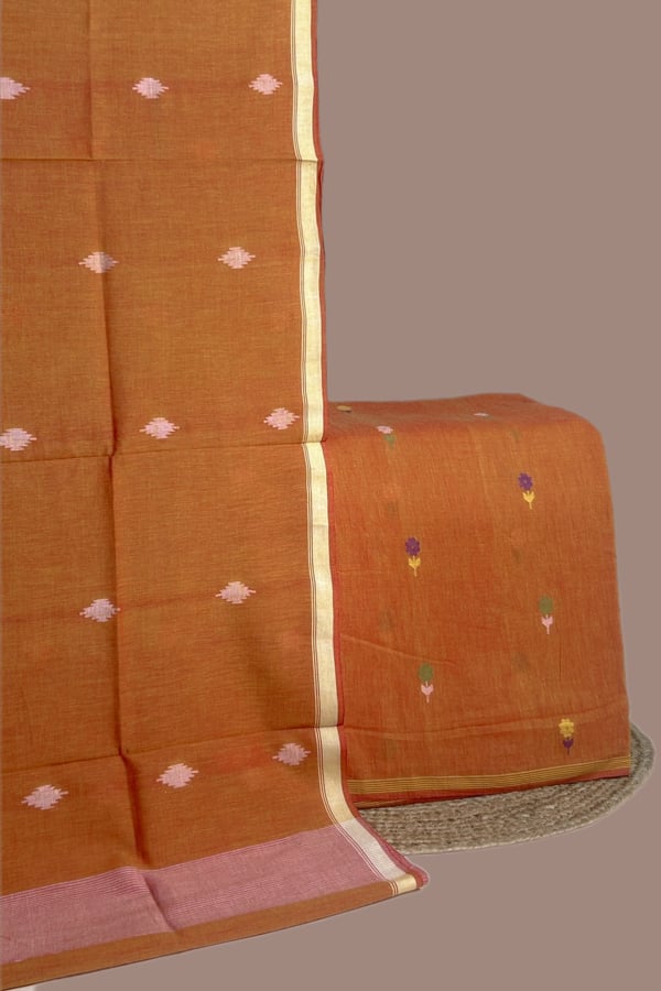 Orange - 2pc Handloom Cotton Dupatta and Handloom Woven Design Top Fabric Set