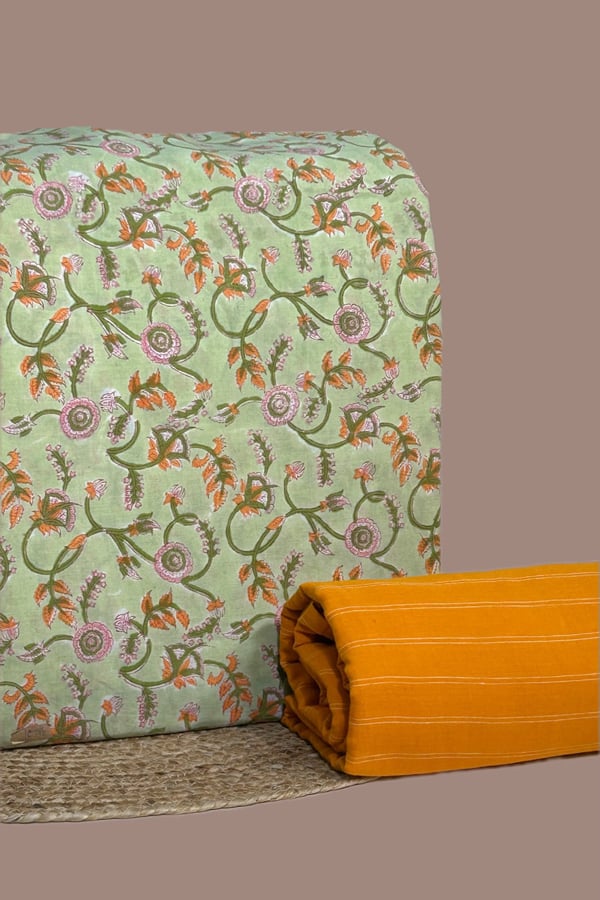 Green - 2pc Pure Soft Cotton Top and Handloom Cotton Bottom Fabric Set