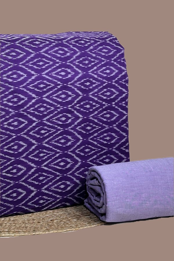 Purple - 2pc HandCrafted Ikkat Top and Handloom Soft Cotton Bottom Fabric Set