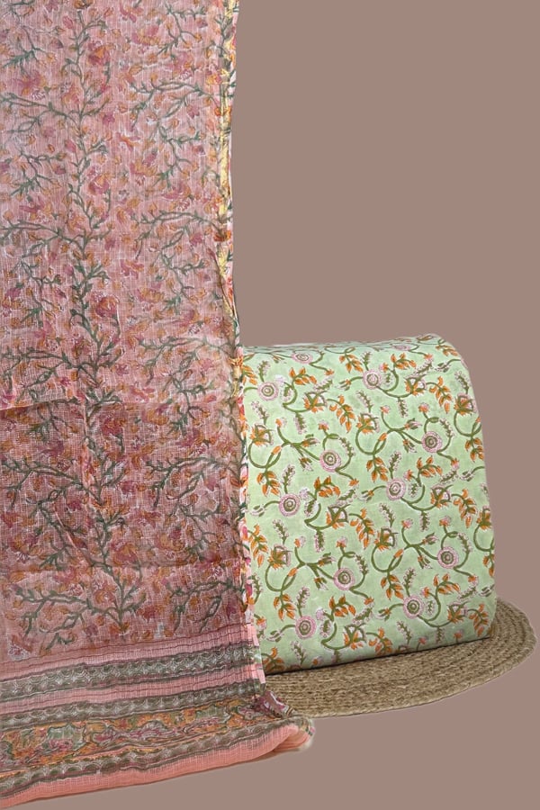 2pc Kota Doria Dupatta and Pure Soft Cotton Blockprint Top Fabric Set