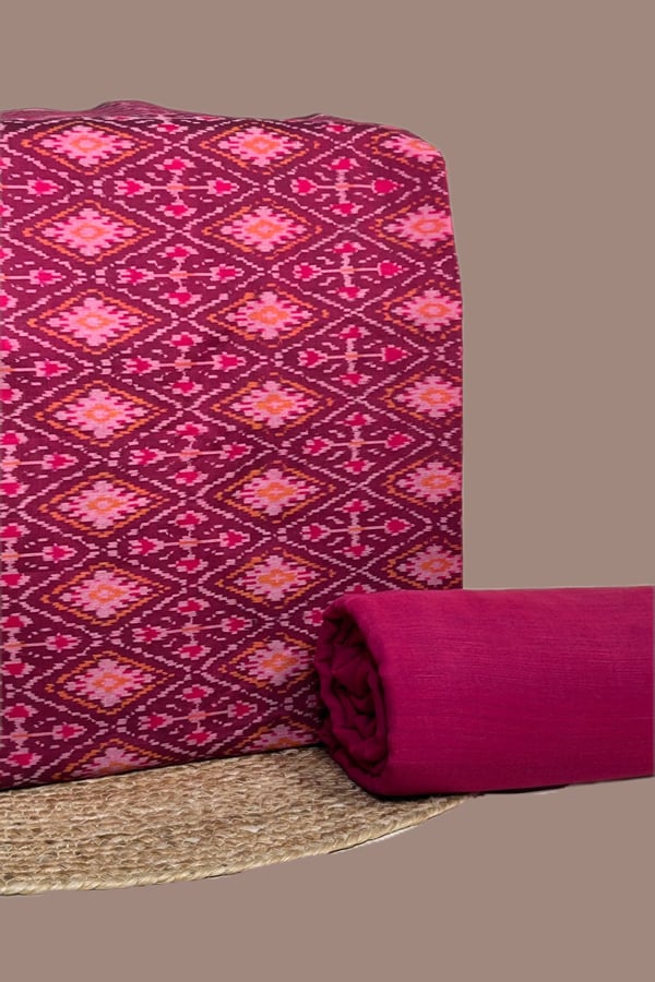 2pc CottonSilk Soft Ikkat Top and Handloom Soft Cotton Bottom Fabric Set