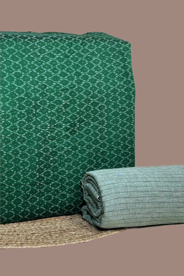 2pc CottonSilk Soft Ikkat Top and Handloom Stripe Soft Cotton Bottom Fabric Set