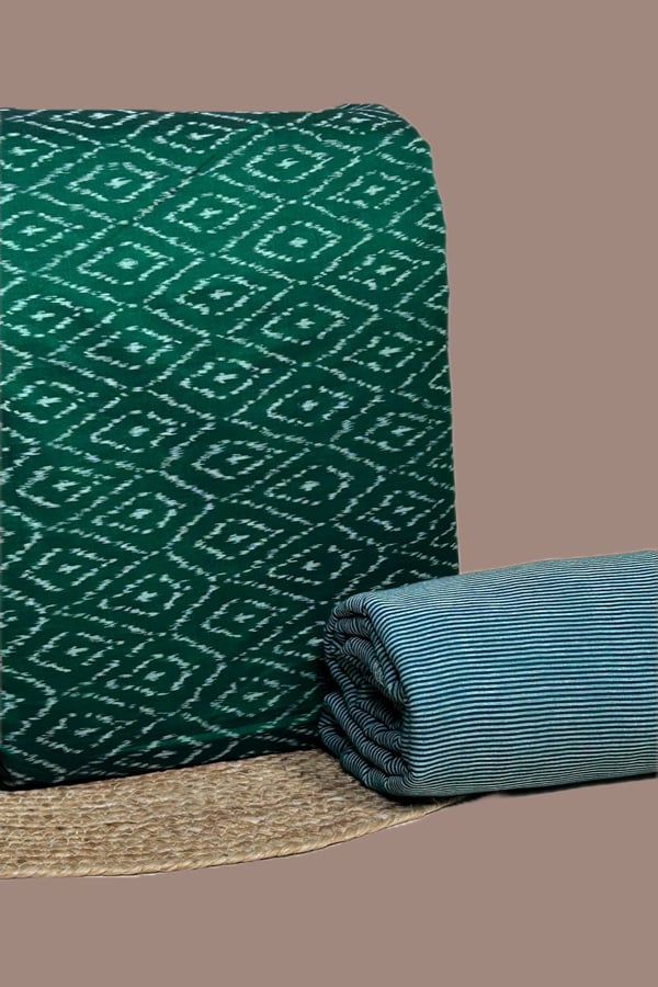 2pc HandCrafted Ikkat Top and Handloom Woven Stripes Bottom Fabric Set
