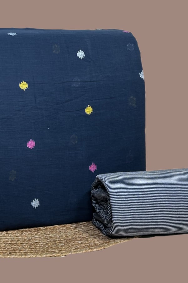 2pc Handloom Woven Design Cotton Top and Handloom Stripe Soft Cotton Bottom Fabric Set