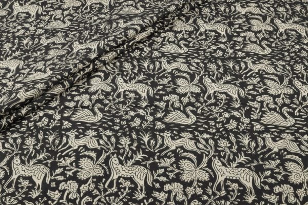 Pre-Cut 1m Natural Black Bagru Handblock Printed Cotton Fabric