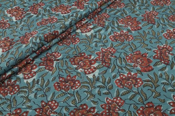 Pre-Cut 2m Peacock Blue Bagru Handblock Printed Cotton Fabric
