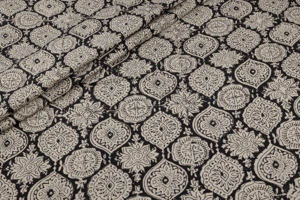 Pre-Cut 0.80m Natural Black Bagru Handblock Printed Cotton Fabric