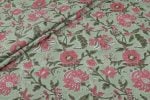 Moss Green Floral Handblock Printed 100% Pure Soft Cotton Fabric