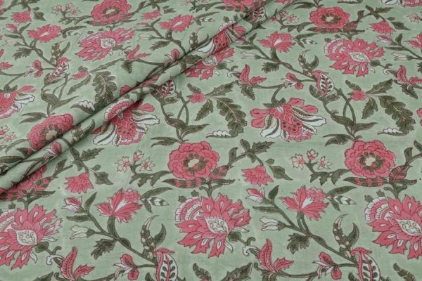 Moss Green Floral Handblock Printed 100% Pure Soft Cotton Fabric