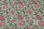 Moss Green Floral Handblock Printed 100% Pure Soft Cotton Fabric - Image 2