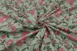 Moss Green Floral Handblock Printed 100% Pure Soft Cotton Fabric - Image 3