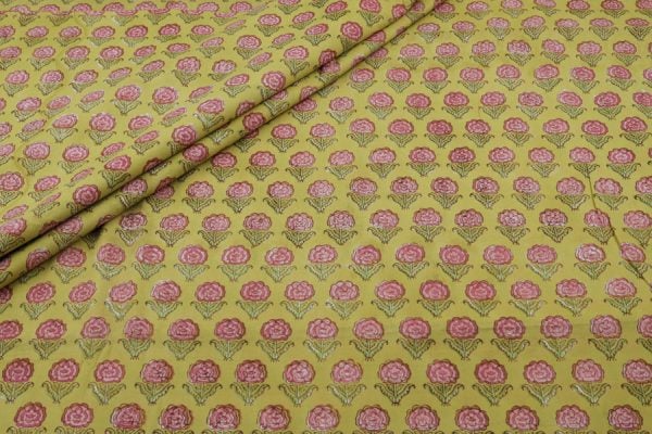 Dirty Yellow Floral Handblock Printed 100% Pure Soft Cotton Fabric