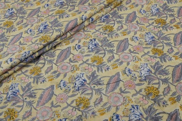 Yellow Floral Handblock Printed 100% Pure Soft Cotton Fabric
