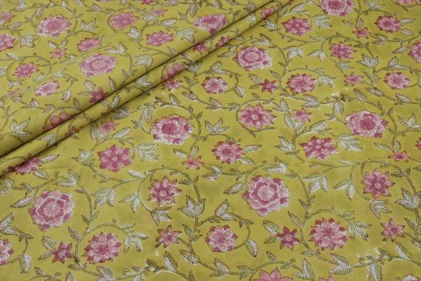 Pre-Cut 1.30m Citrine Yellow Floral Handblock Printed 100% Pure Soft Cotton Fabric
