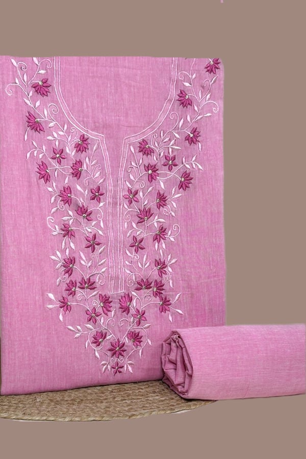 2Pc Handloom Embroidered Neck Design Soft Cotton Top(3m) Bottom(2.5m) Fabric Set