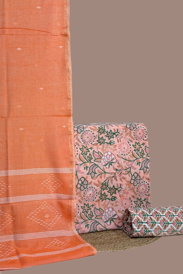 Orange - 3pc Set Handloom Soft Cotton Dupatta with Pure Soft Cotton Top & Bottom Set