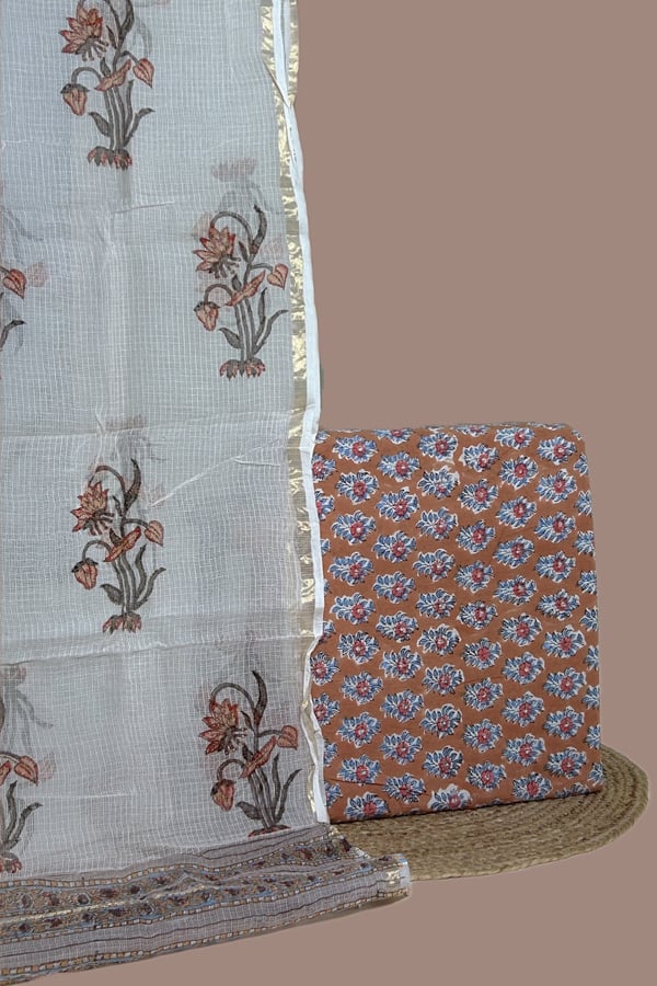 Brown - 2pc Set Kota Doria Dupatta and Pure Soft Cotton Blockprint Top Fabric Set Brown - 2pc Set Kota Doria Dupatta and Pure Soft Cotton Blockprint Top Fabric Set - Image 1