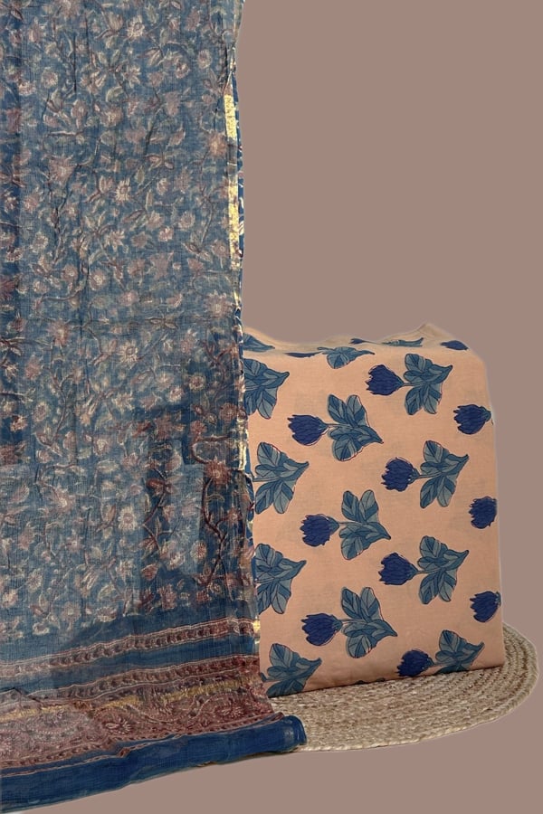 Brown - 2pc Set Kota Doria Dupatta and Pure Soft Cotton Blockprint Top Fabric Set Brown - 2pc Set Kota Doria Dupatta and Pure Soft Cotton Blockprint Top Fabric Set - Image 1