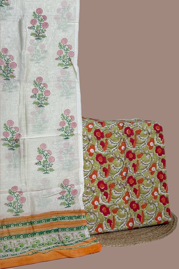 Green - 2pc Set Kota Doria Dupatta and Pure Soft Cotton Blockprint Top Fabric Set Green - 2pc Set Chanderi Silk Dupatta and Pure Soft Cotton Blockprint Top Fabric Set - Image 1