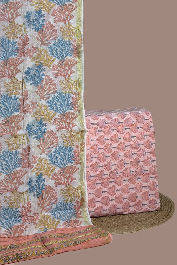 Pink - 2pc Set Chanderi Silk Dupatta and Pure Soft Cotton Top Fabric Set Pink - 2pc Set Chanderi Silk Dupatta and Pure Soft Cotton Top Fabric Set - Image 1