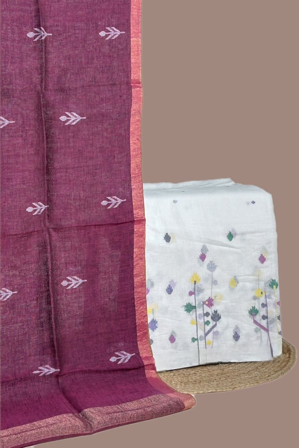 White - 2pc Set Premium Linen Handloom Dupatta and Jamdani Intricate Woven Border Top Fabric Set White - 2pc Set Premium Linen Handloom Dupatta and Jamdani Intricate Woven Border Top Fabric Set - Image 1