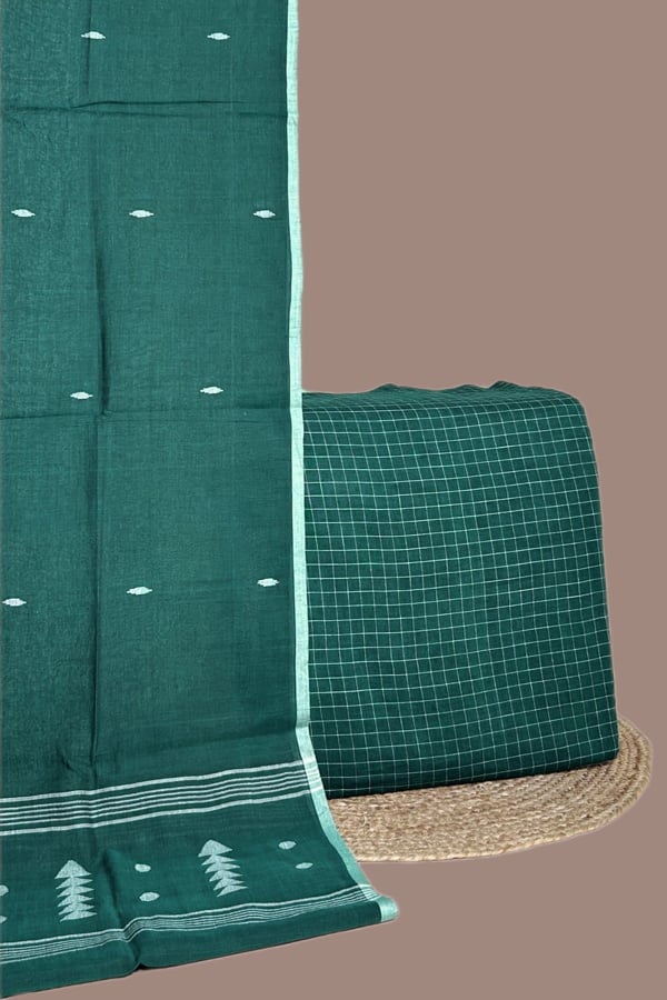 Green - 2pc Set Handloom Cotton Dupatta and Handloom Woven Checks Cotton Top Fabric Set