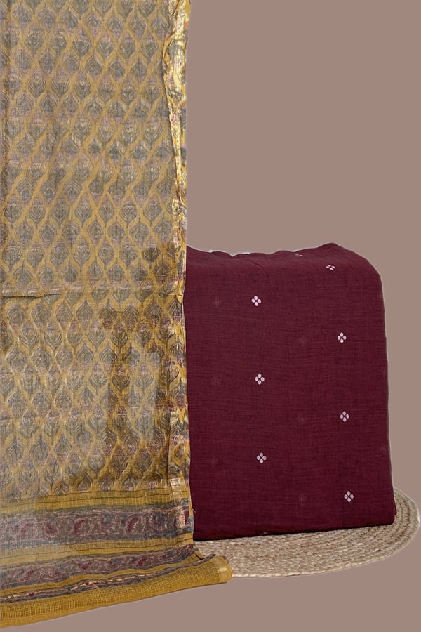 Maroon - 2pc Set Kota Doria Dupatta and Handloom Woven Design Soft Cotton Top Fabric Set