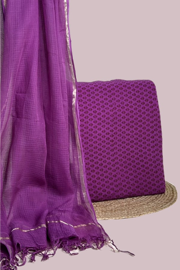 Purple - 2pc Set Kota Doria Dupatta and Bagh Top Handblock Printed Pure Cotton Set Purple - 2pc Set Kota Doria Dupatta and Bagh Top Handblock Printed Pure Cotton Set - Image 1