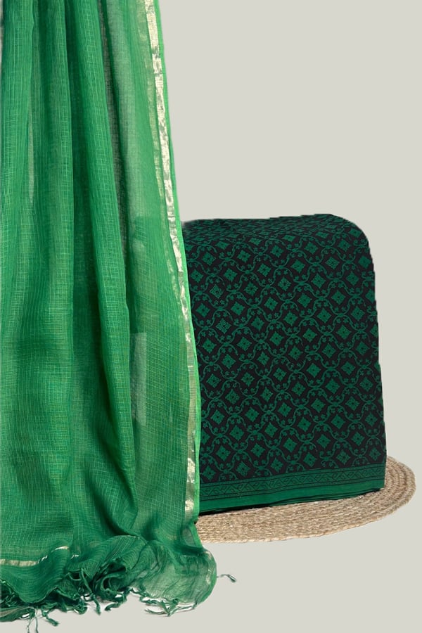 Green - 2pc Set Kota Doria Dupatta and Bagh Top Handblock Printed Pure Cotton Set Green - 2pc Set Kota Doria Dupatta and Bagh Top Handblock Printed Pure Cotton Set - Image 1
