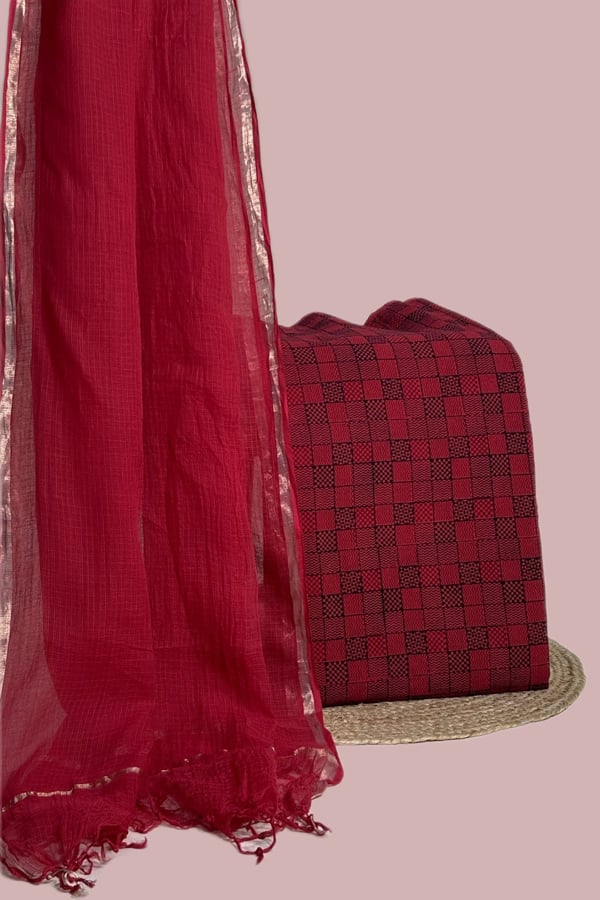Red - 2pc Set Kota Doria Dupatta and Bagh Top Handblock Printed Pure Cotton Set Red - 2pc Set Kota Doria Dupatta and Bagh Top Handblock Printed Pure Cotton Set - Image 1