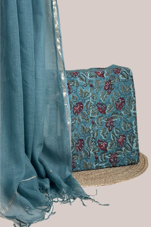 Blue - 2pc Set Kota Doria Dupatta and Bagru Top HandBlock Printed Pure Cotton Set Blue - 2pc Set Kota Doria Dupatta and Bagru Top HandBlock Printed Pure Cotton Set - Image 1