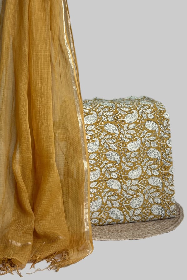 Yellow - 2pc Set Kota Doria Dupatta and Bagru Top HandBlock Printed Pure Cotton Set Yellow - 2pc Set Kota Doria Dupatta and Bagru Top HandBlock Printed Pure Cotton Set - Image 1