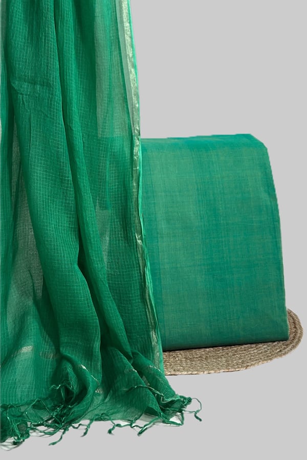 Green - 2pc Set Kota Doria Dupatta and Mangalgiri Top Handwoven Pure Cotton Set Green - 2pc Set Kota Doria Dupatta and Mangalgiri Top Handwoven Pure Cotton Set - Image 1